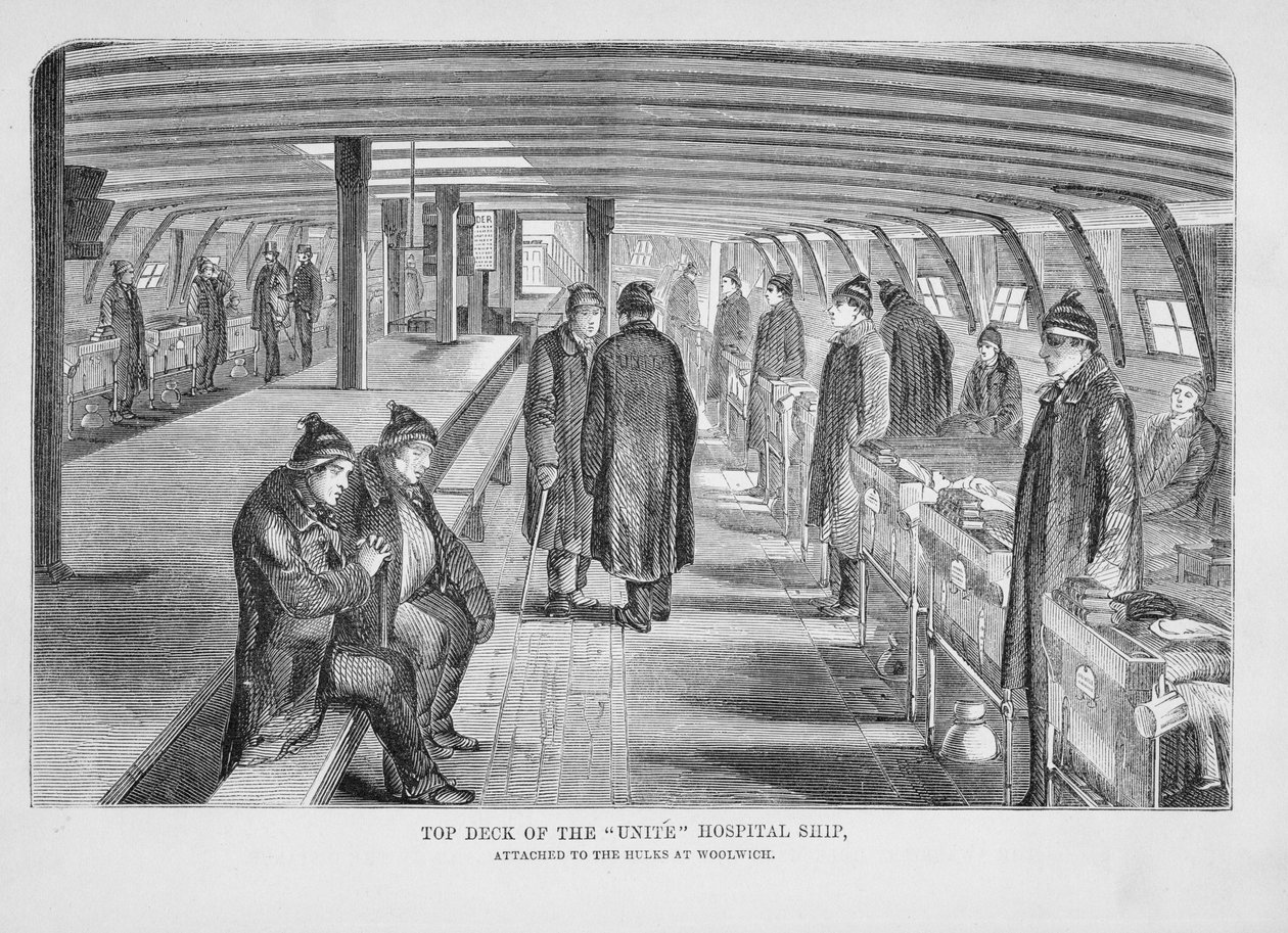 Cubierta Superior del Barco Hospital Unite Adjunto a los Cascarones en Woolwich, de Las Prisiones Criminales de Londres y Escenas de la Vida en Prisión, por Henry Mayhew y John Binny, 1862 de English School