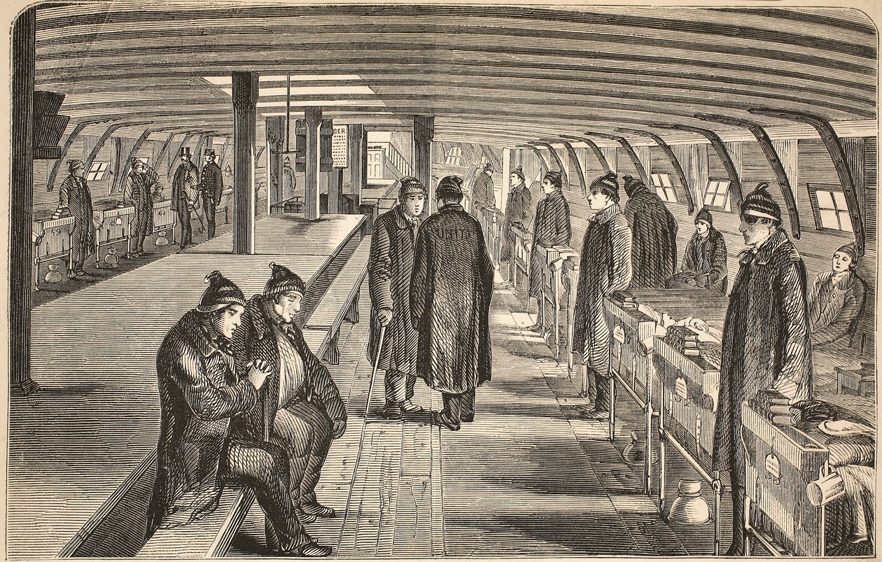 Cubierta superior del barco hospital Unite, adjunto a los cascos en Woolwich, ilustración de Las prisiones criminales de Londres y escenas de la vida en prisión de Henry Mayhew y John Binny, pub. 1862 de English School