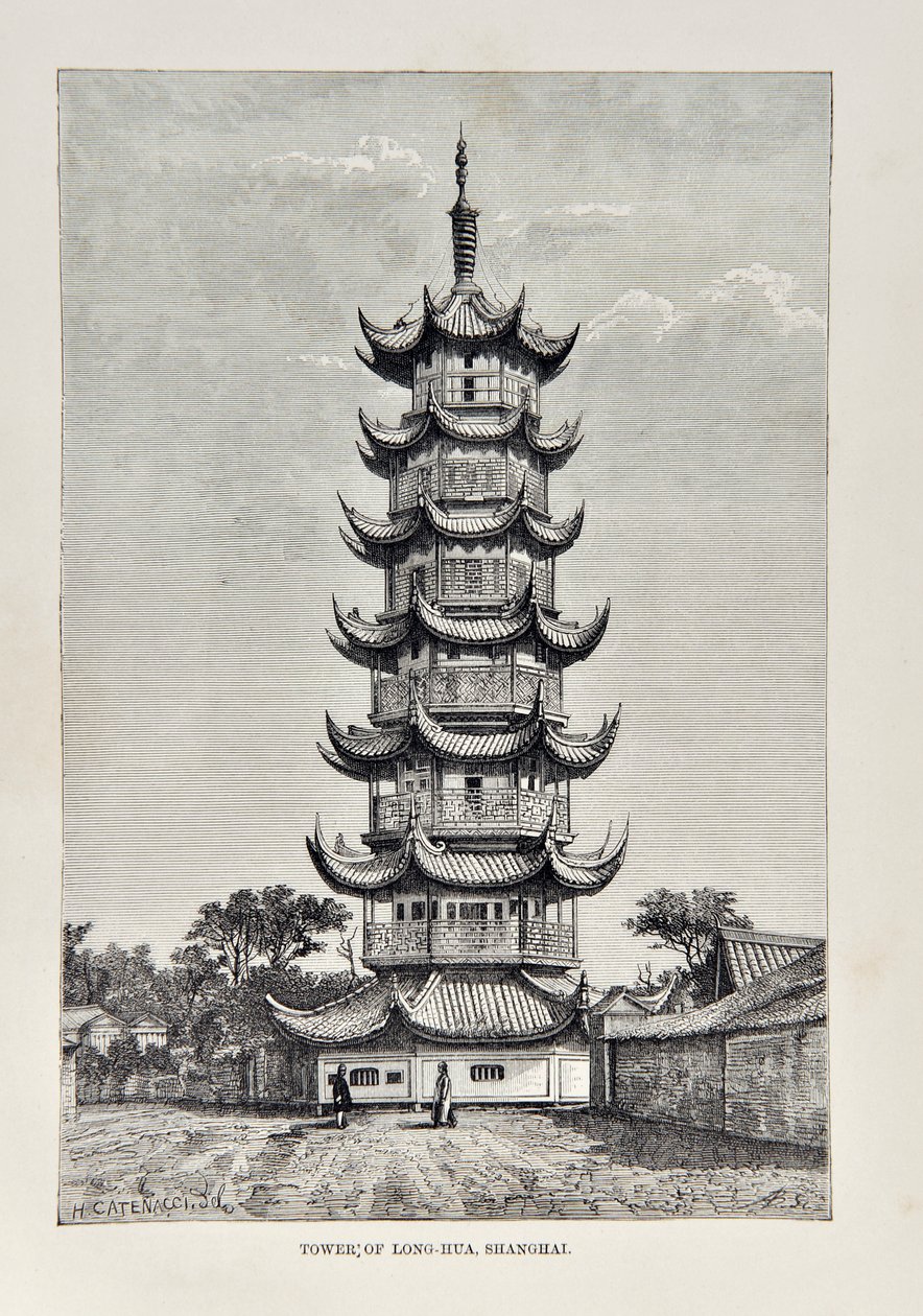 Torre de Long Hua, Shanghái, ilustración de The Universal Geography, the Earth and its inhabitants, publicado 1878 de English School