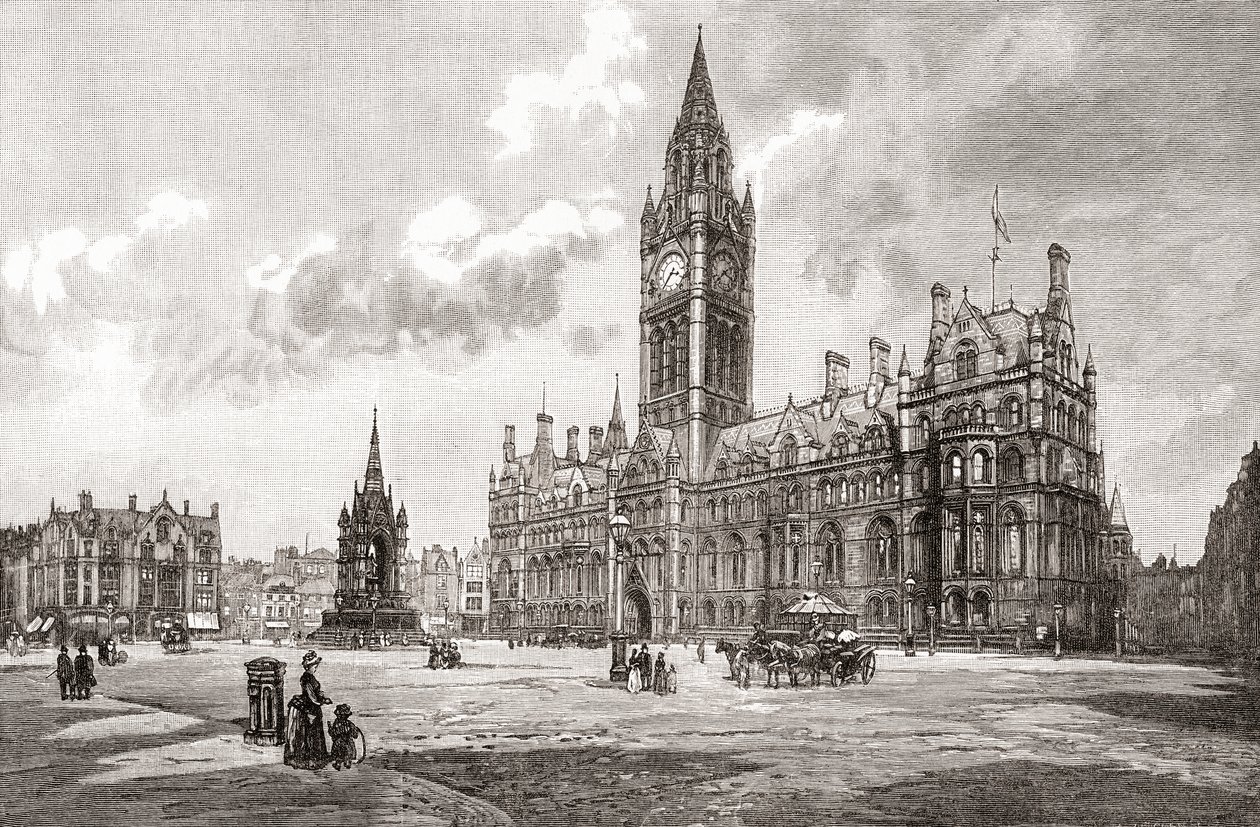Town Hall, Albert Square, Manchester, de "Cities of the World", publicado hacia 1893 (impresión) de English School