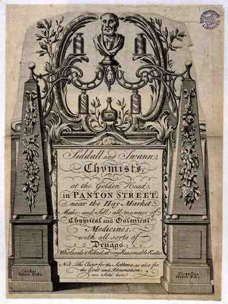 Tarjeta comercial para Siddall y Swann, Químicos, en la Cabeza Dorada, Panton Street, Londres de English School