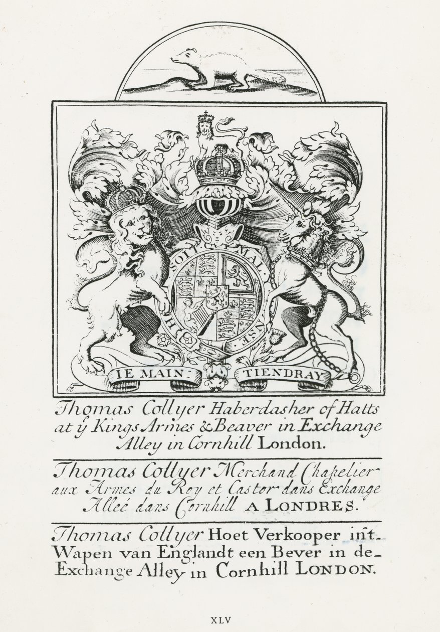 Tarjeta comercial de Thomas Collyer, Cornhill Haberdasher de English School