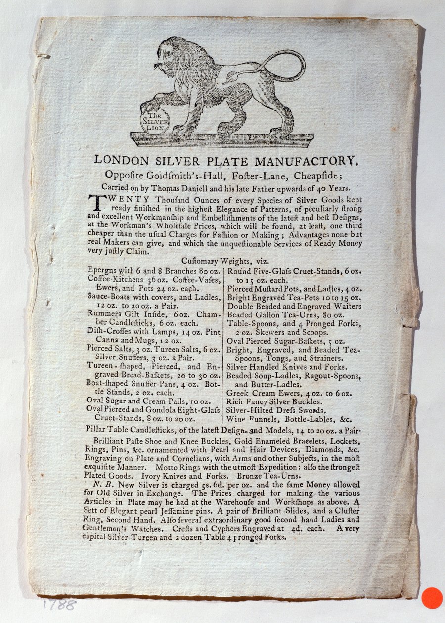 Tarjeta comercial para la Fábrica de Platería de Londres, 1788 de English School