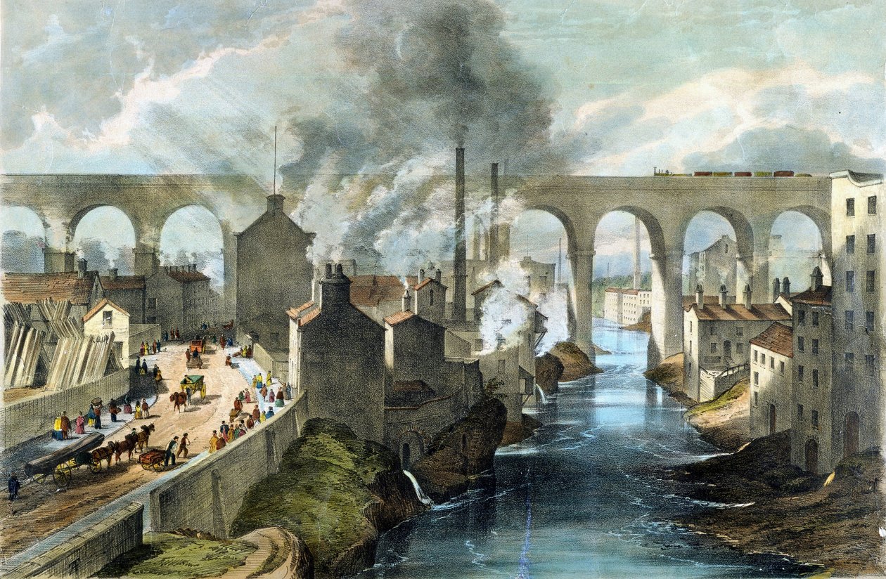Tren cruzando el viaducto de Stockport en la London  North Western Railway, c.1845 (litografía en color) de English School