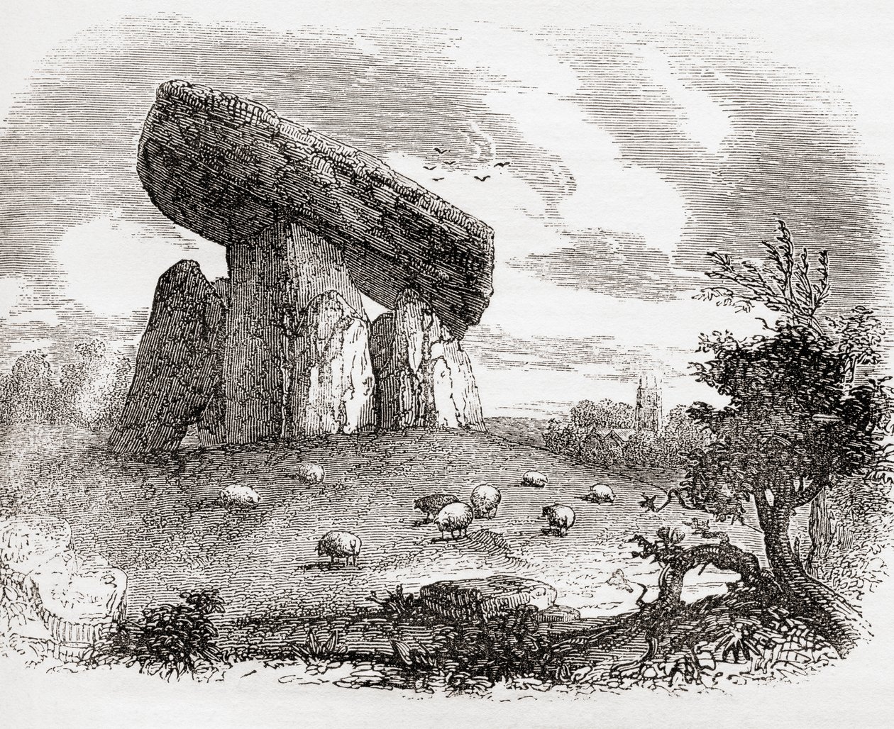 Trethevy Quoit, una tumba megalítica en Cornualles, Inglaterra, de Old England: A Pictorial Museum, pub. 1847 de English School