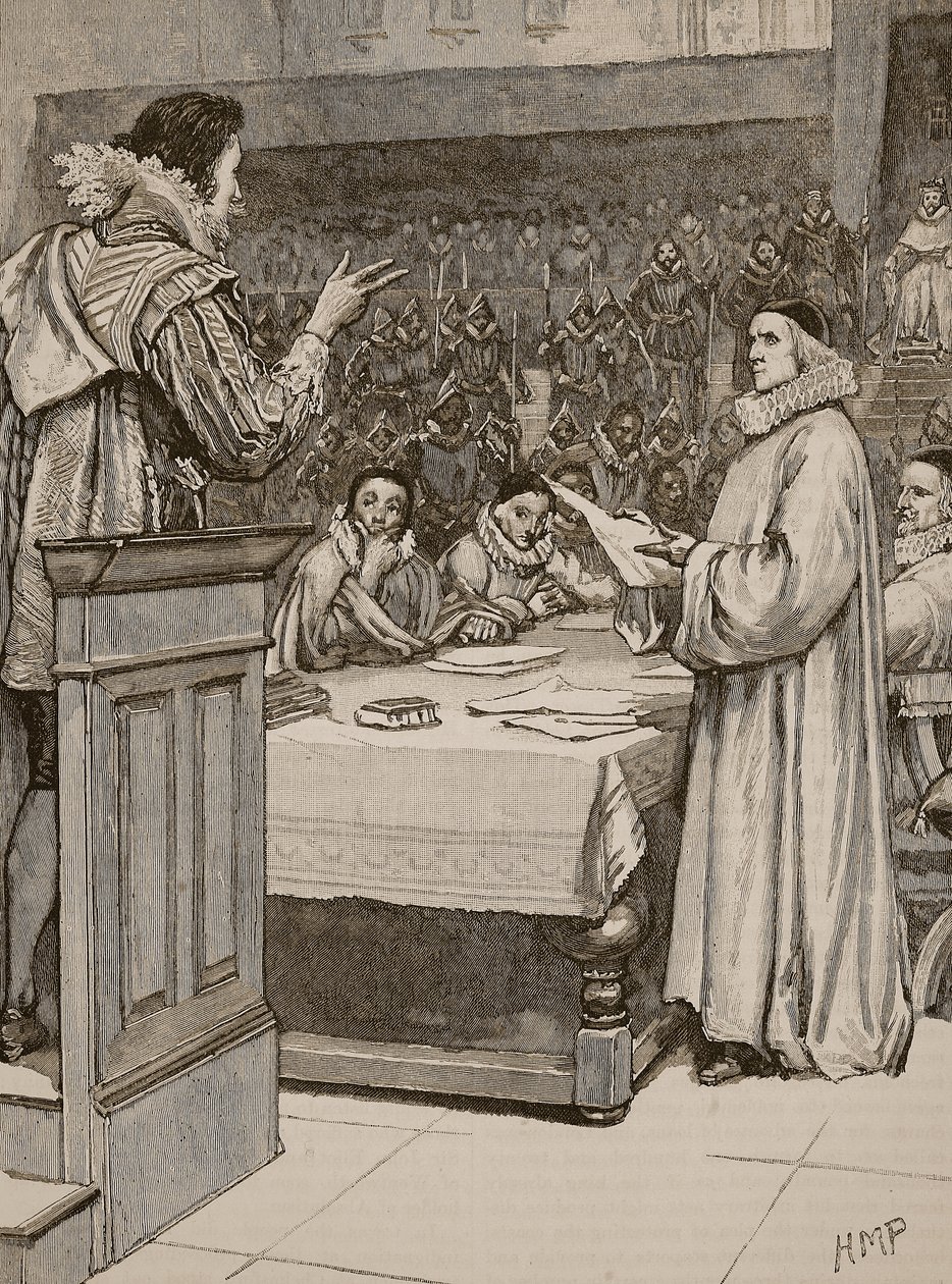 Juicio de Buckingham, ilustración de la Historia Ilustrada de Inglaterra de Cassell de English School