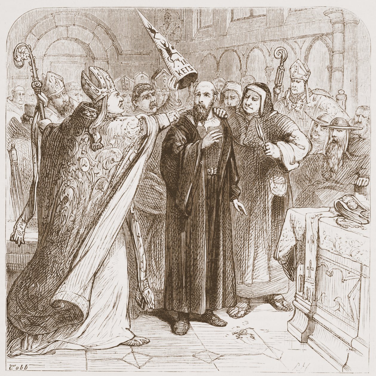 Juicio de Huss: Degradación del mártir, ilustración de La Historia del Protestantismo por James Aitken Wylie (1808-1890), pub. 1878 de English School