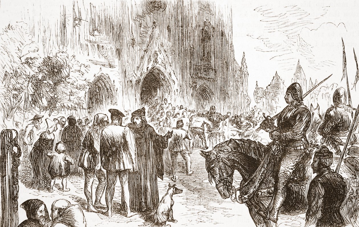 Juicio de Jerónimo: esperando la sentencia, ilustración de La Historia del Protestantismo de James Aitken Wylie, pub. 1878 de English School