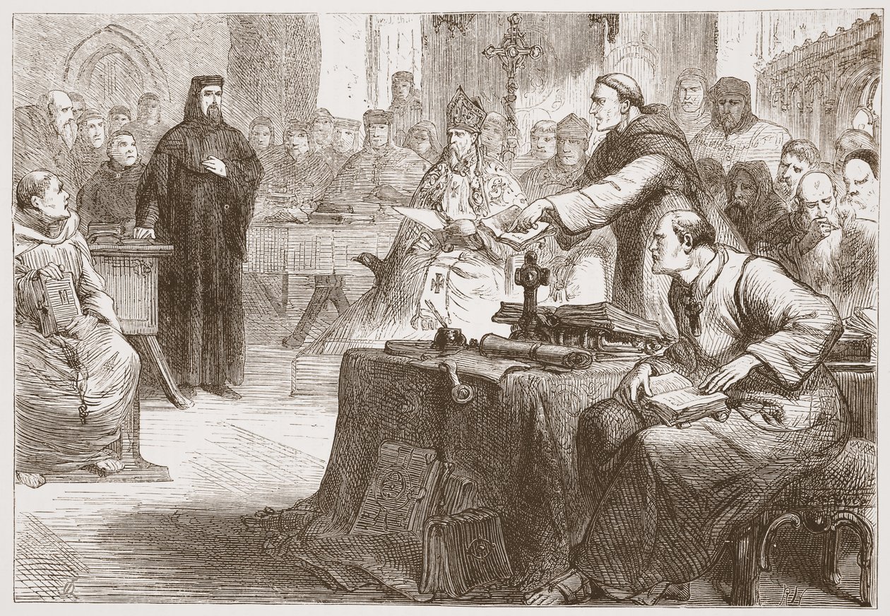 Juicio de Wicliffe, ilustración de La Historia del Protestantismo por James Aitken Wylie (1808-1890), pub. 1878 de English School