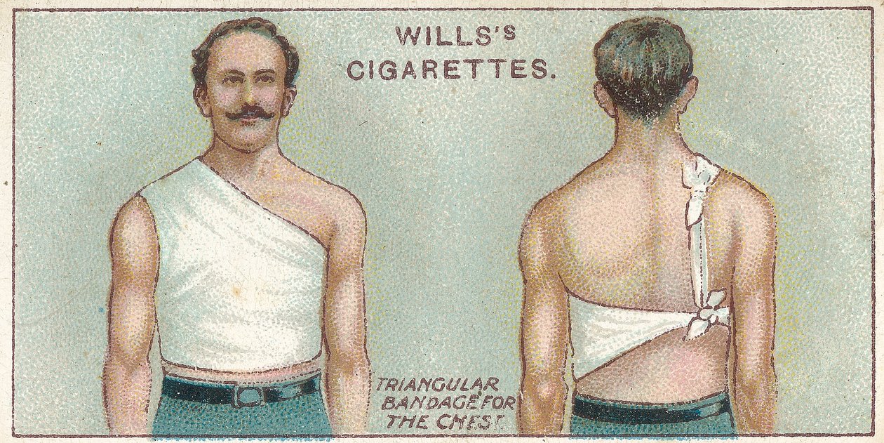 Vendaje triangular para el pecho, no. 37 de la serie de primeros auxilios de las tarjetas de cigarrillos de Willss, 1913 de English School