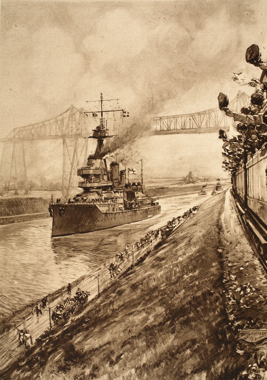 Prueba triunfal de la supremacía naval de Gran Bretaña: H.M.S Hercules pasando por el Canal de Kiel, 1914-19 de English School