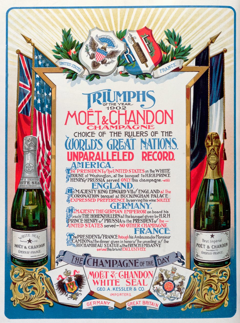 Triunfos del año 1902, champán Moet  Chandon, elección de los gobernantes de las grandes naciones del mundo", anuncio en la revista "The Theatre". de English School