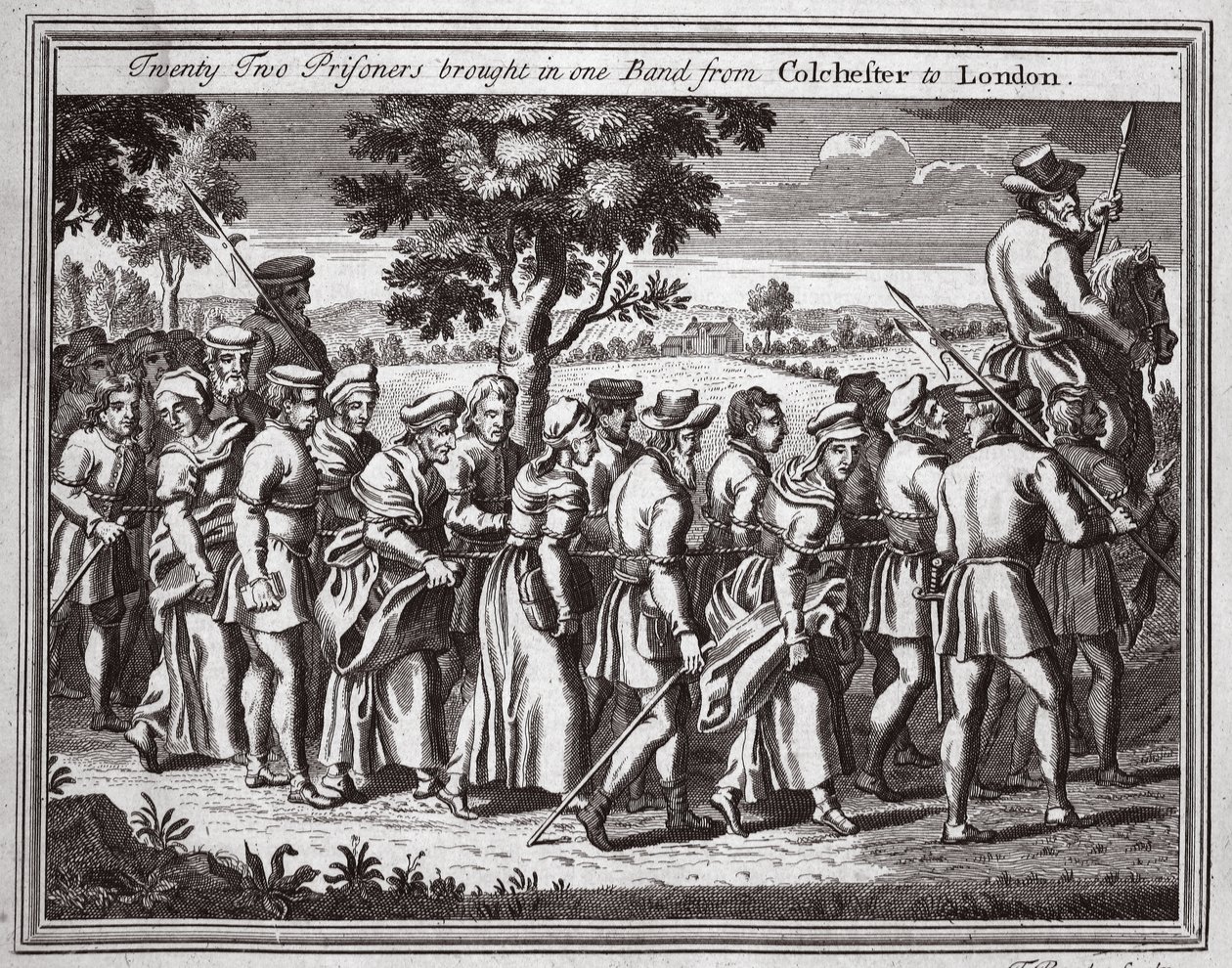 Veintidós prisioneros llevados en una banda de Colchester a Londres, ilustración de Mártires de Fox c.1703 de English School