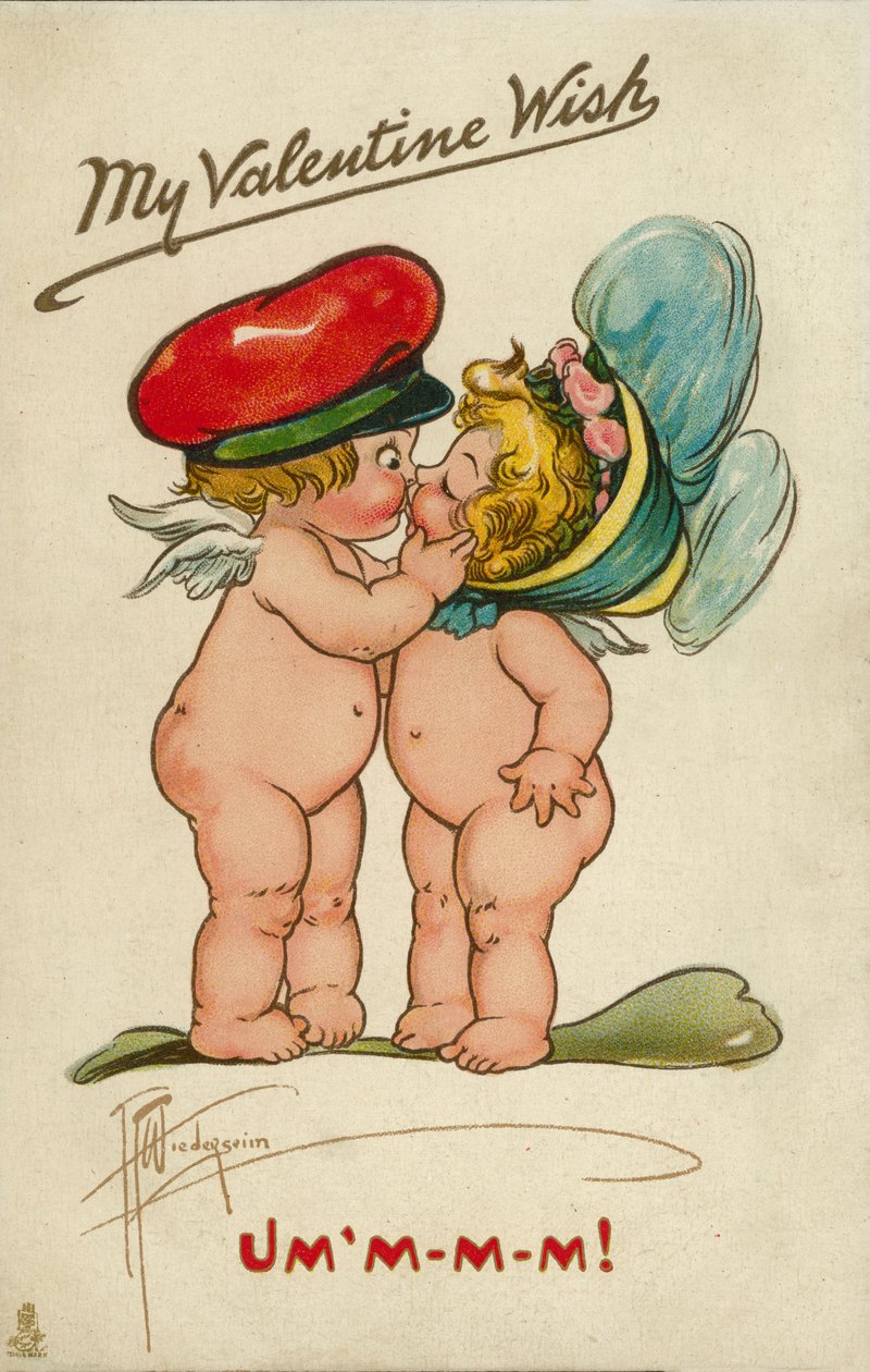 Dos querubines besándose (litografía en color) de English School