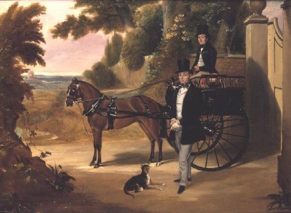Dos caballeros con su trampa en un paisaje boscoso de English School