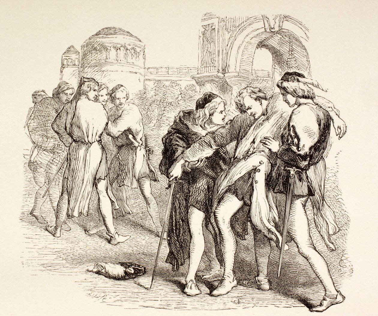 Tybalt es herido de muerte por Romeo, ilustración de Romeo y Julieta, de 