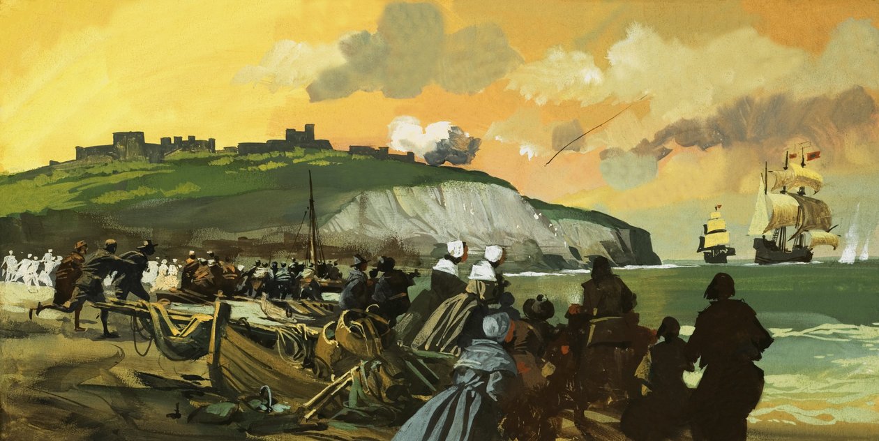 Escena no identificada de posición fortificada en tierra disparando a veleros con multitud y botes de remos en primer plano. de English School