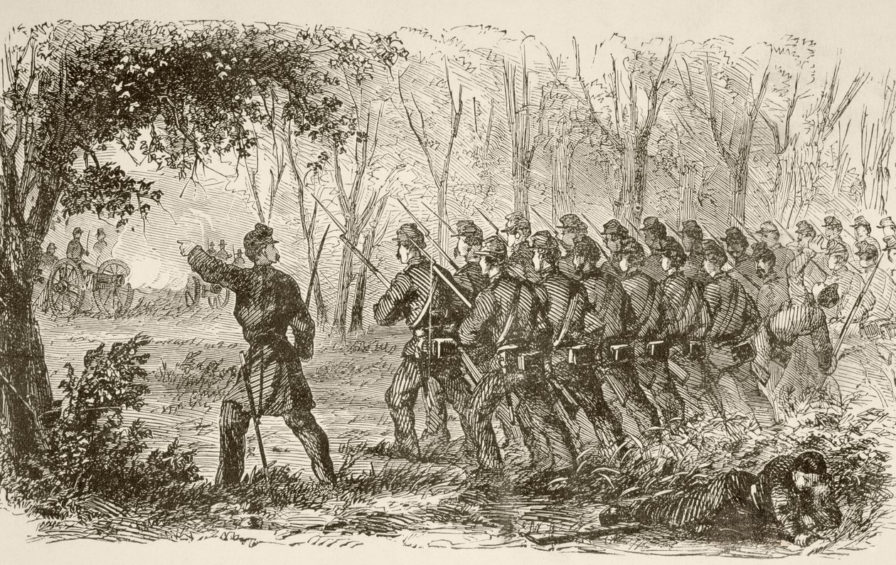 Soldados de la Unión en la meseta en la primera batalla de Bull Run (litografía) de English School