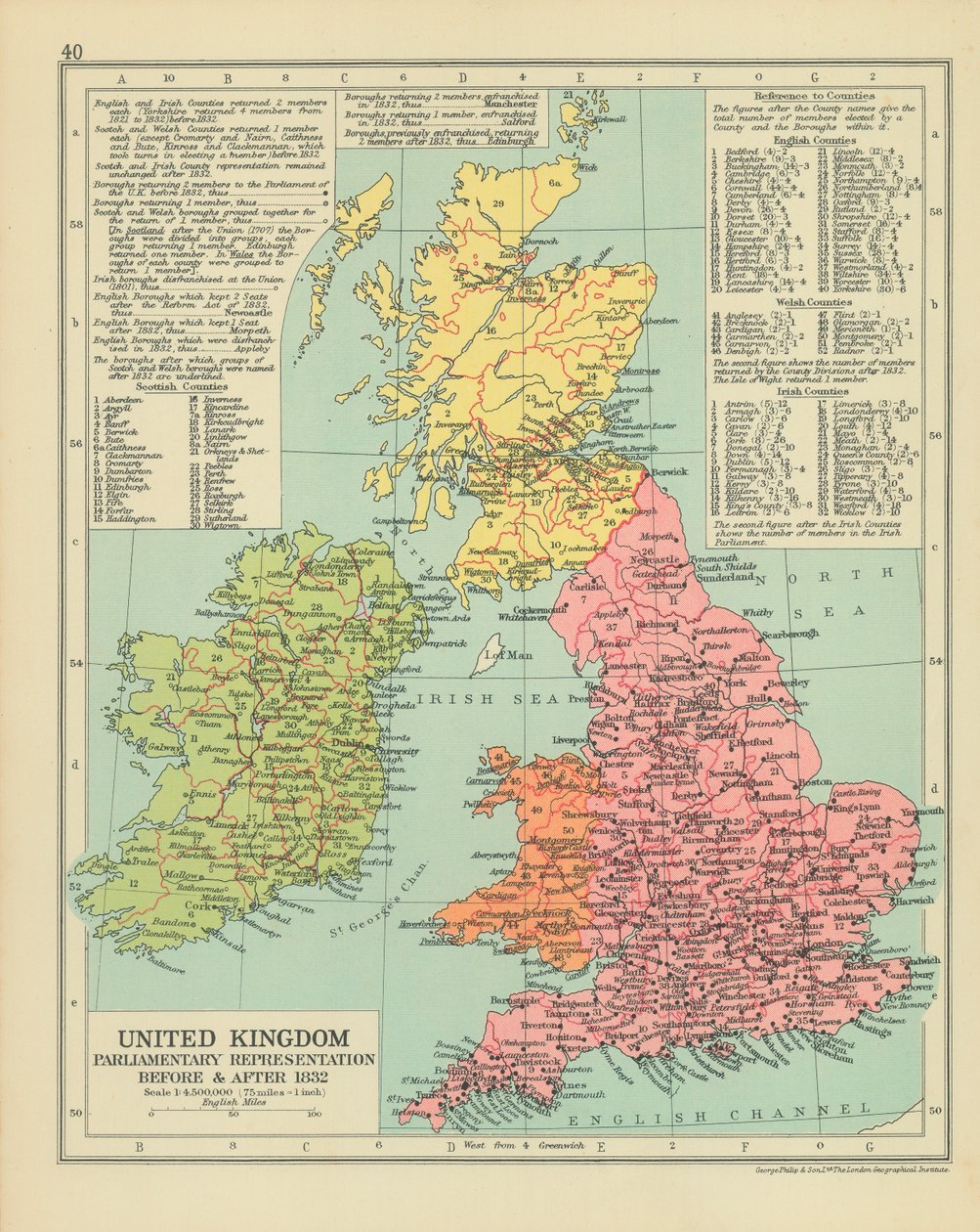 Representación parlamentaria en el Reino Unido antes y después de 1832 (litografía en color) de English School