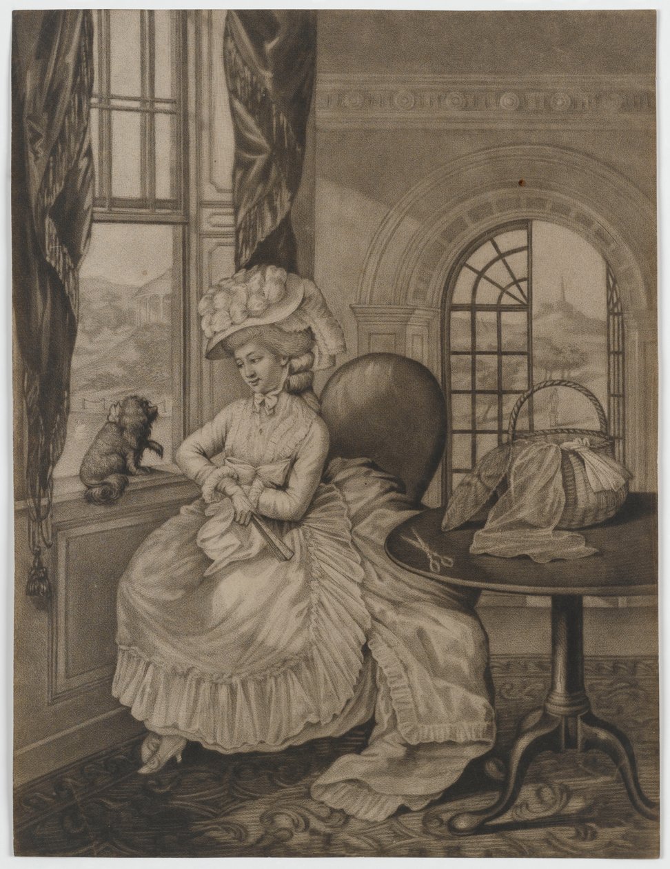 Sin título (mujer sentada en una ventana mirando a un perro pequeño), c.1780 de English School