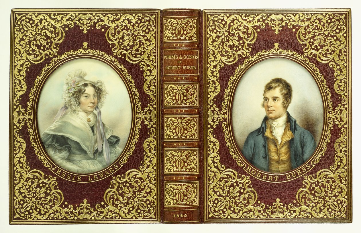 Cubiertas superior e inferior, y lomo, con retratos ovalados de Robert Burns y Jessie Lewars de English School