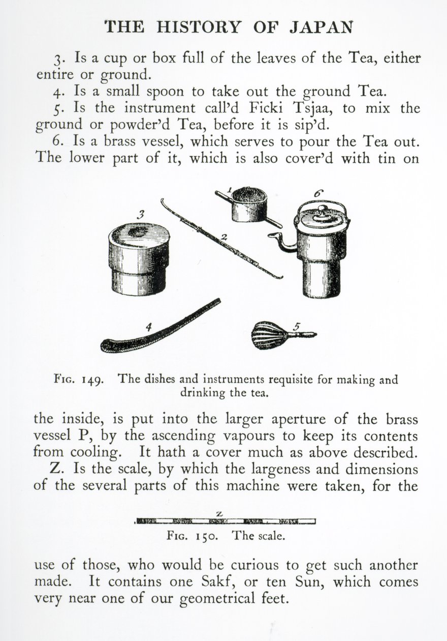 Utensilios usados en ceremonias de té japonesas, de History of Japan por Engelbert Kaempfer (1651-1716) publicado en 1727 de English School