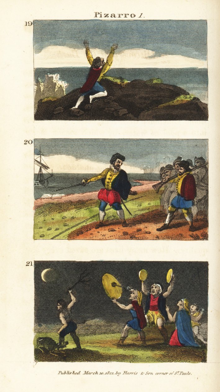 Vasco Núñez de Balboa llegando al Pacífico, Francisco Pizarro separando a sus hombres con una línea en la arena en la Isla de Gallo, y peruanos temiendo un eclipse lunar de English School