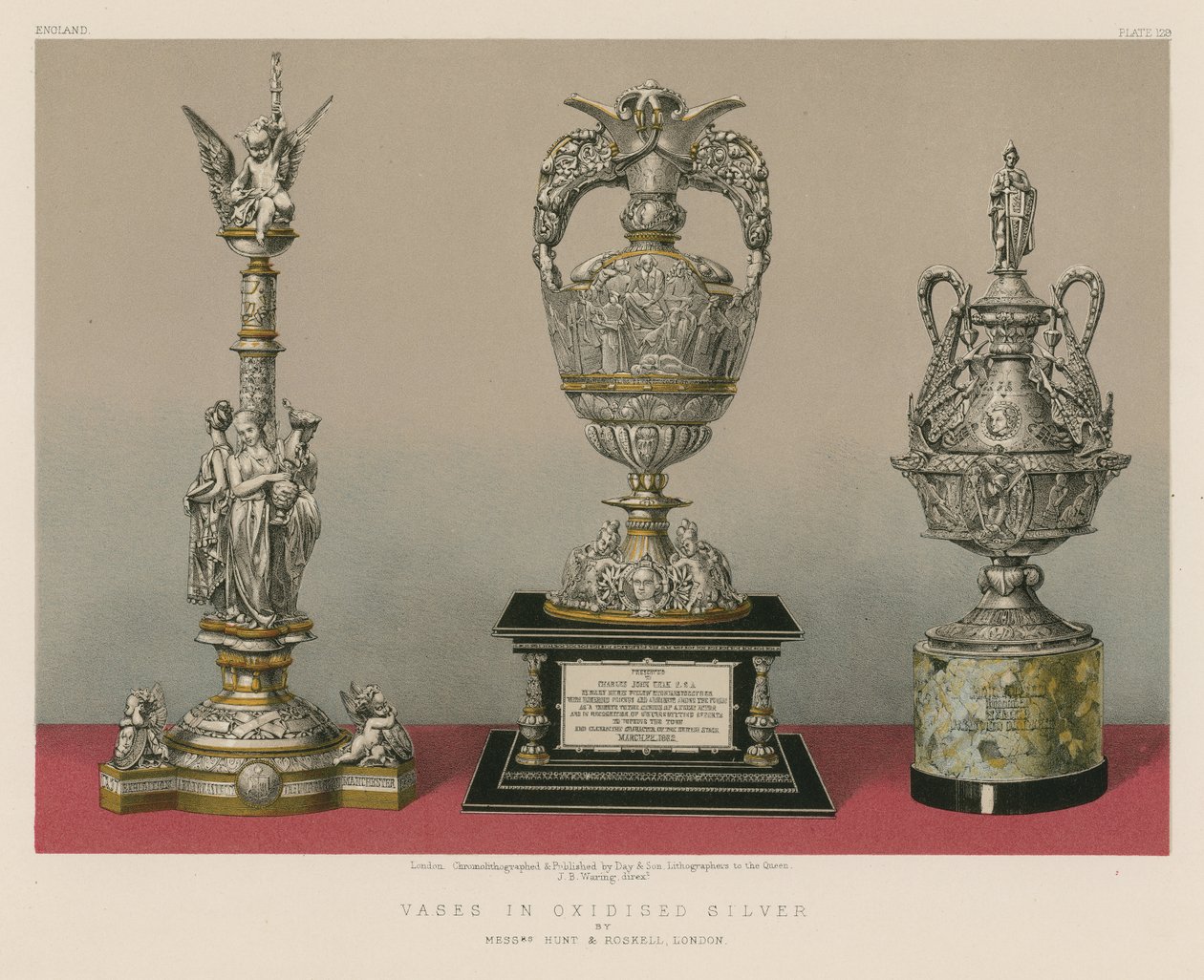 Jarrones de plata oxidada de Messrs Hunt and Roskell, Londres (cromolito) de English School