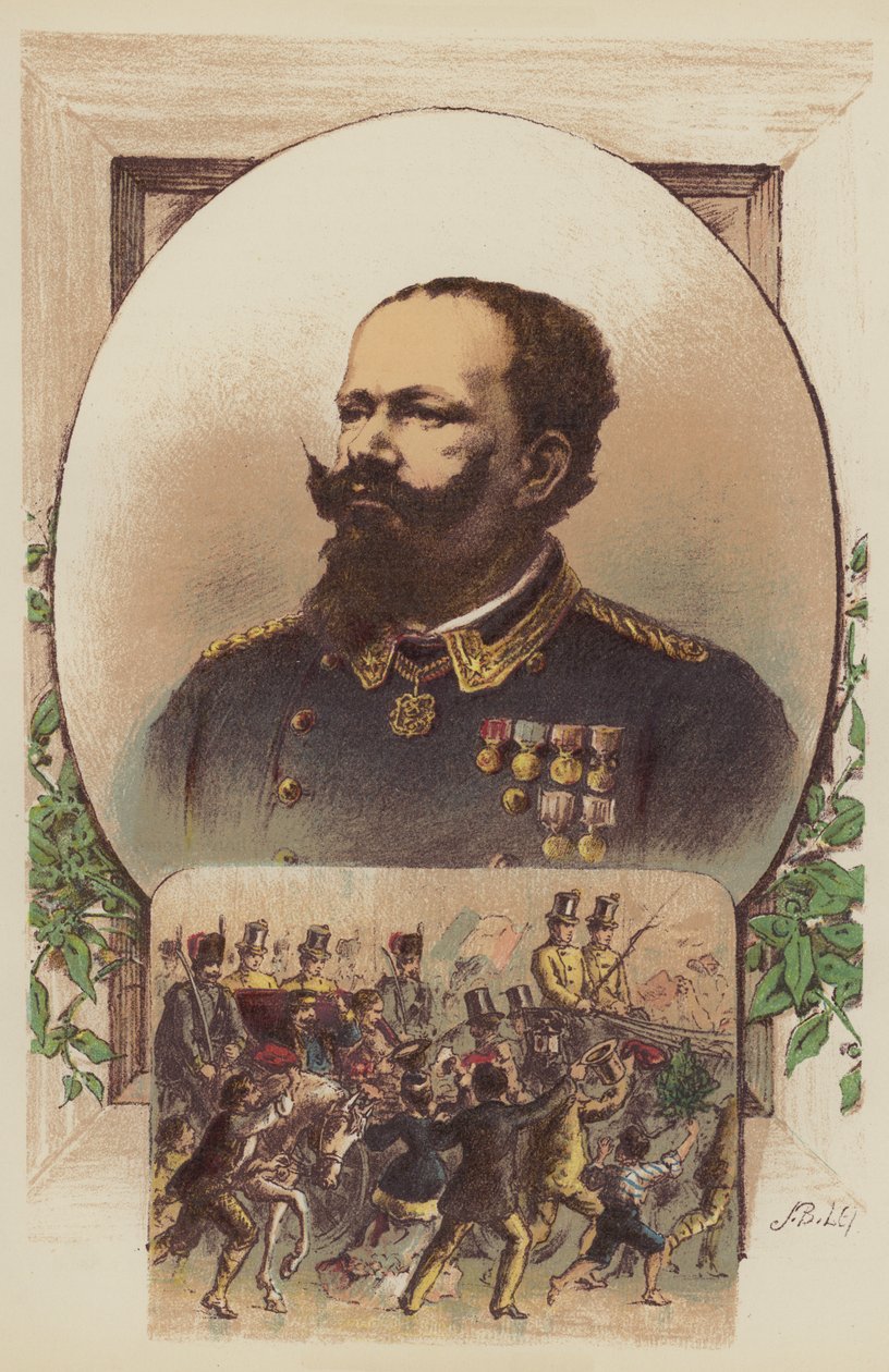 Víctor Manuel, Garibaldi y el Rey en Nápoles (litografía en color) de English School