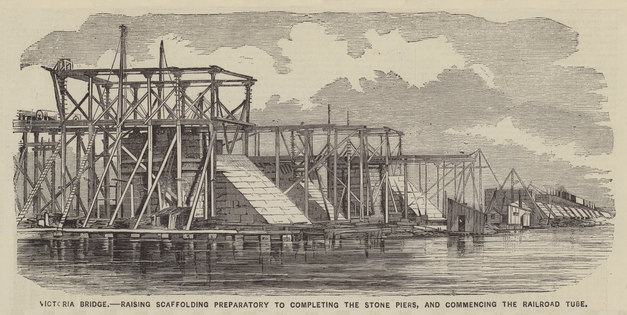Puente Victoria, levantamiento del andamiaje preparatorio para completar los pilares de piedra y comenzar el tubo de ferrocarril (grabado) de English School