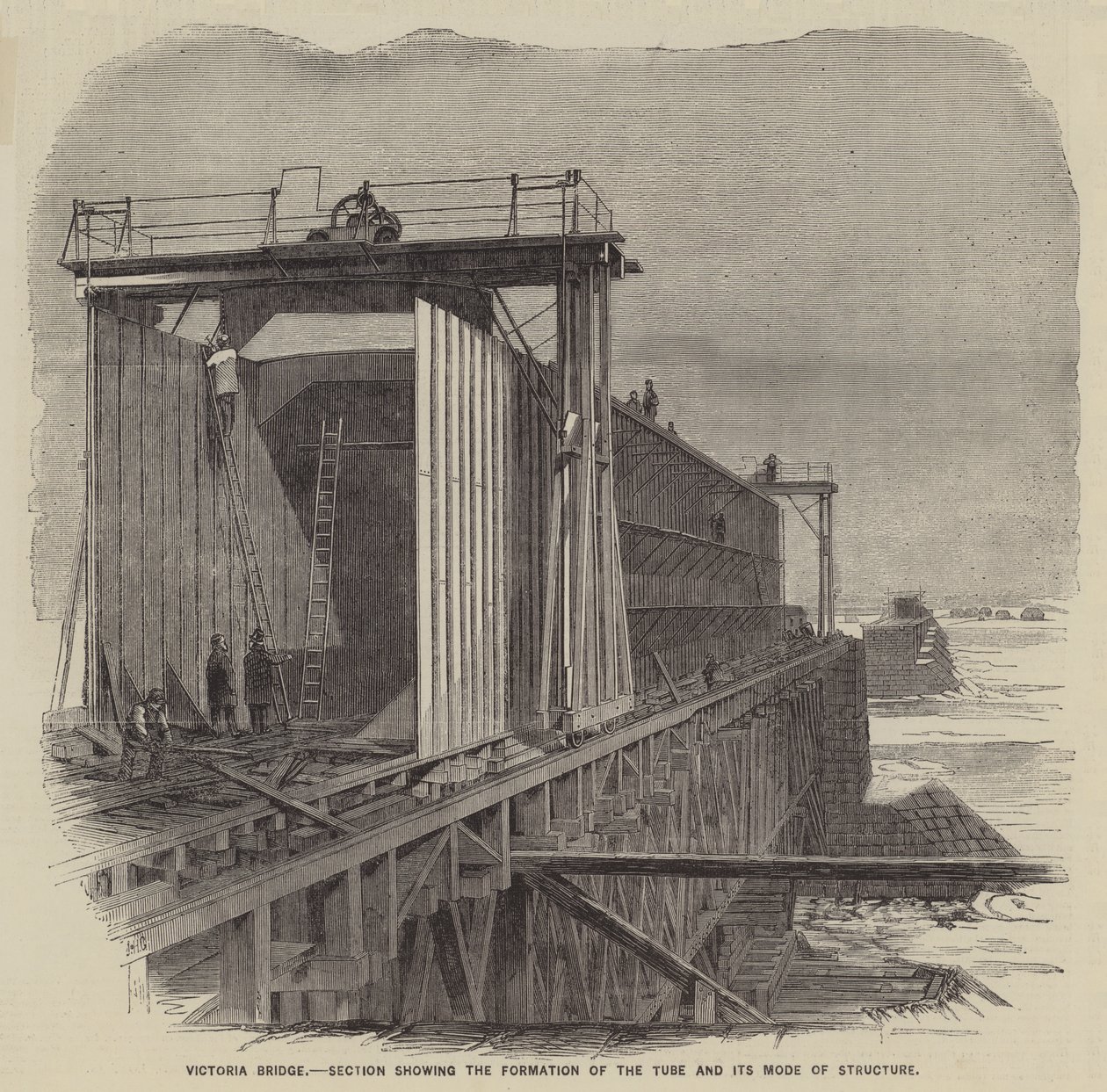 Puente Victoria, sección que muestra la formación del tubo y su modo de estructura (grabado) de English School