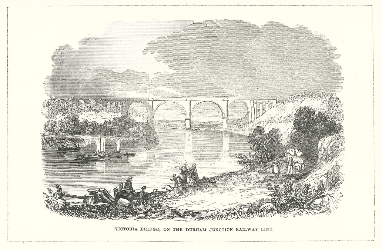 Puente Victoria, en la línea de ferrocarril Durham Junction (grabado) de English School