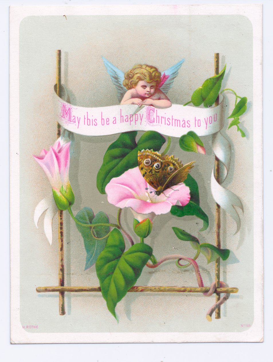 Tarjeta navideña victoriana de un cupido contemplando una mariposa sobre una flor rosa, c. 1880 (litografía en color) de English School