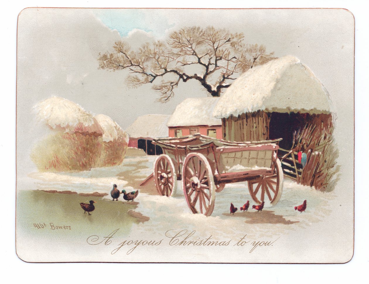 Tarjeta navideña victoriana de patos y gallinas cerca de un estanque en un corral, c.1880 de English School
