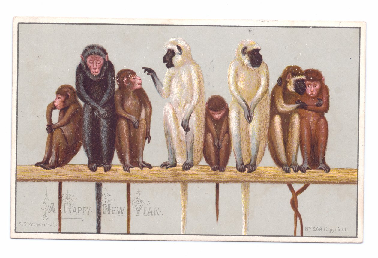 Tarjeta victoriana de Año Nuevo con ocho monos en una cornisa, c.1880 (litografía en color) de English School