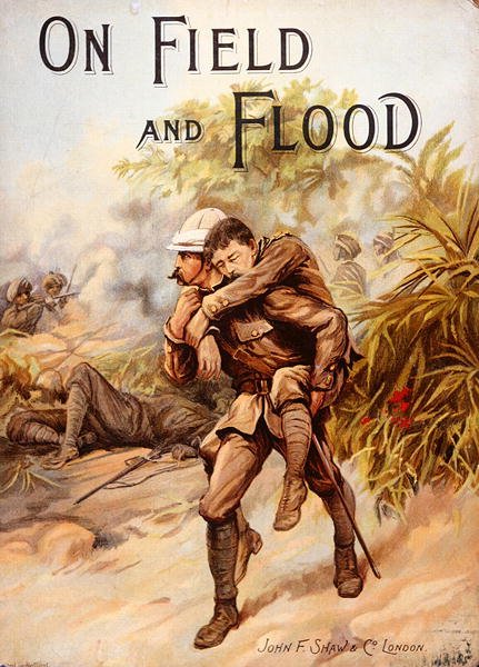 Portada de libro victoriano que representa al Cirujano-Capitán Whitchurch ganando la V.C. al llevar al Capitán Baird herido a un lugar seguro bajo fuego intenso en la Campaña de Chitral, India, marzo de 1895 de English School
