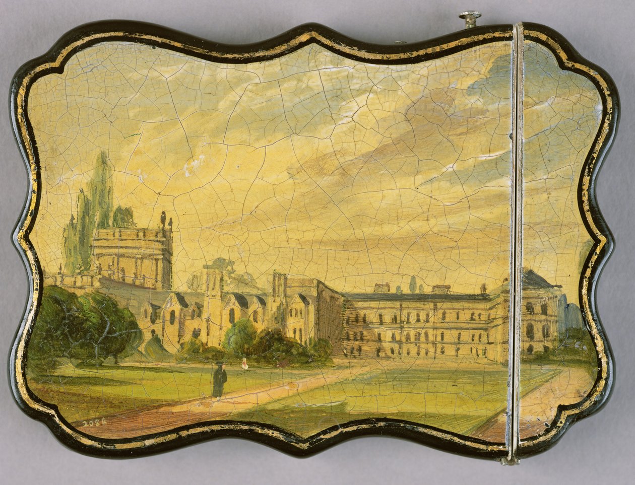 Estuche de tarjetas victoriano, con una escena de los jardines del Trinity College, Oxford de English School