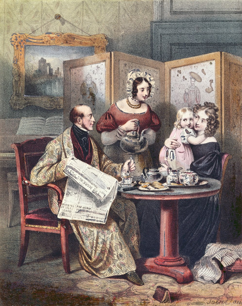 Familia victoriana en el desayuno, c.1840 de English School