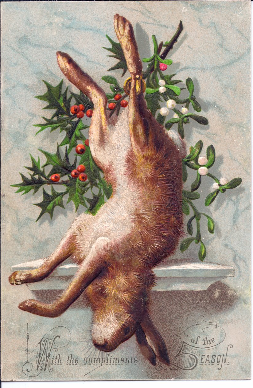 Tarjeta de felicitación victoriana de una liebre muerta, c.1880 (litografía en color) de English School