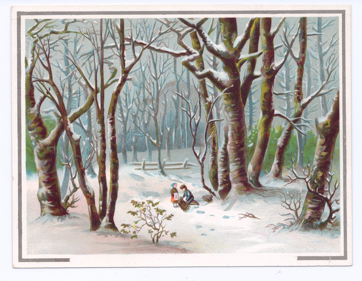 Tarjeta de felicitación victoriana de dos niños recogiendo ramas en la nieve, c.1880 de English School