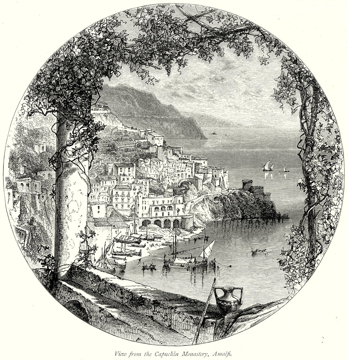 Vista desde el Monasterio de los Capuchinos, Amalfi (grabado) de English School