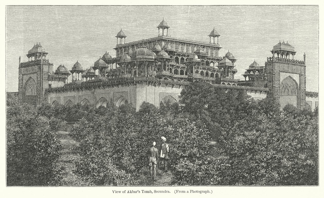 Vista de la tumba de Akbar, Secundra (grabado) de English School