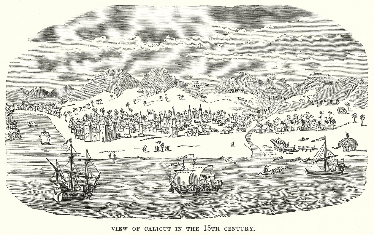 Vista de Calicut en el siglo XV (grabado) de English School