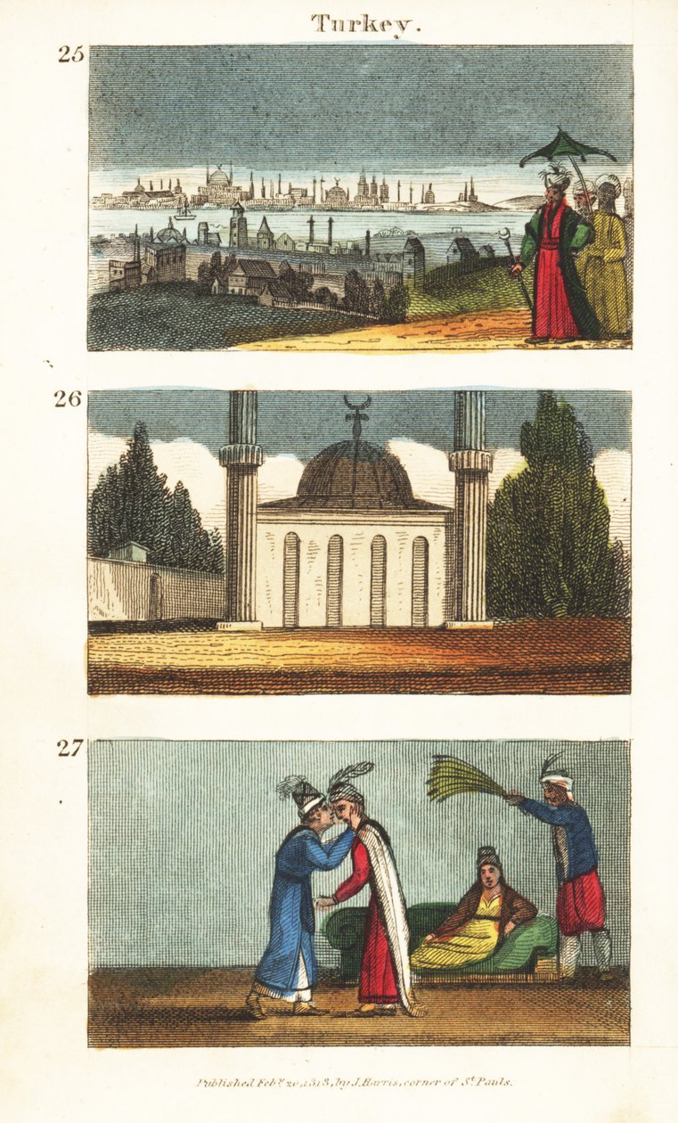 Vista de Constantinopla (Estambul) a principios del siglo XIX, mezquita musulmana con cúpula y minaretes, y mujeres griegas jóvenes besándose en los ojos de English School