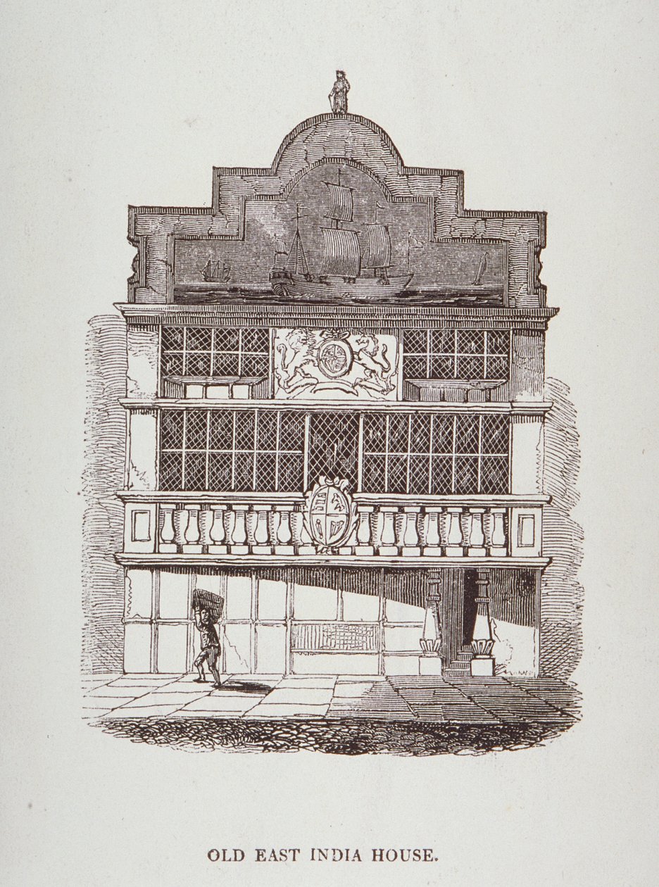 Vista de East India House, con figura al frente, c.1700 de English School