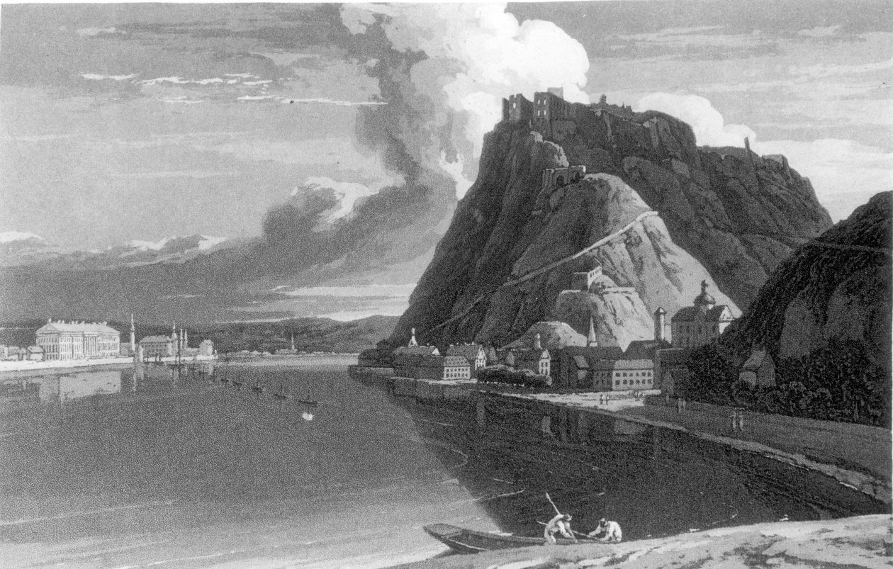 Vista de Ehrenbreitstein y Coblenza, de Un Tour por Holanda, a lo largo de las orillas derecha e izquierda del Rin hasta el sur de Alemania por Sir John Carr, publicado en 1807 de English School
