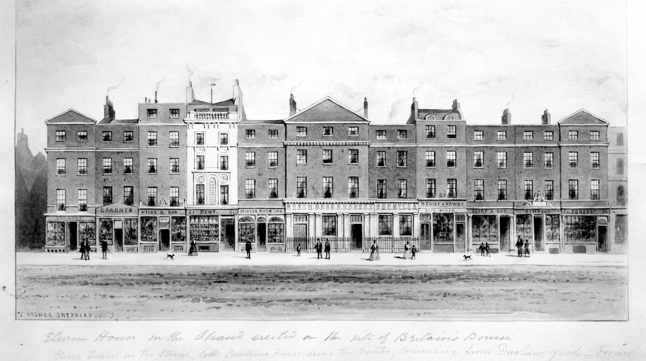 Vista de Once Casas erigidas en el sitio de la antigua Bolsa en el Strand, 1853 de English School