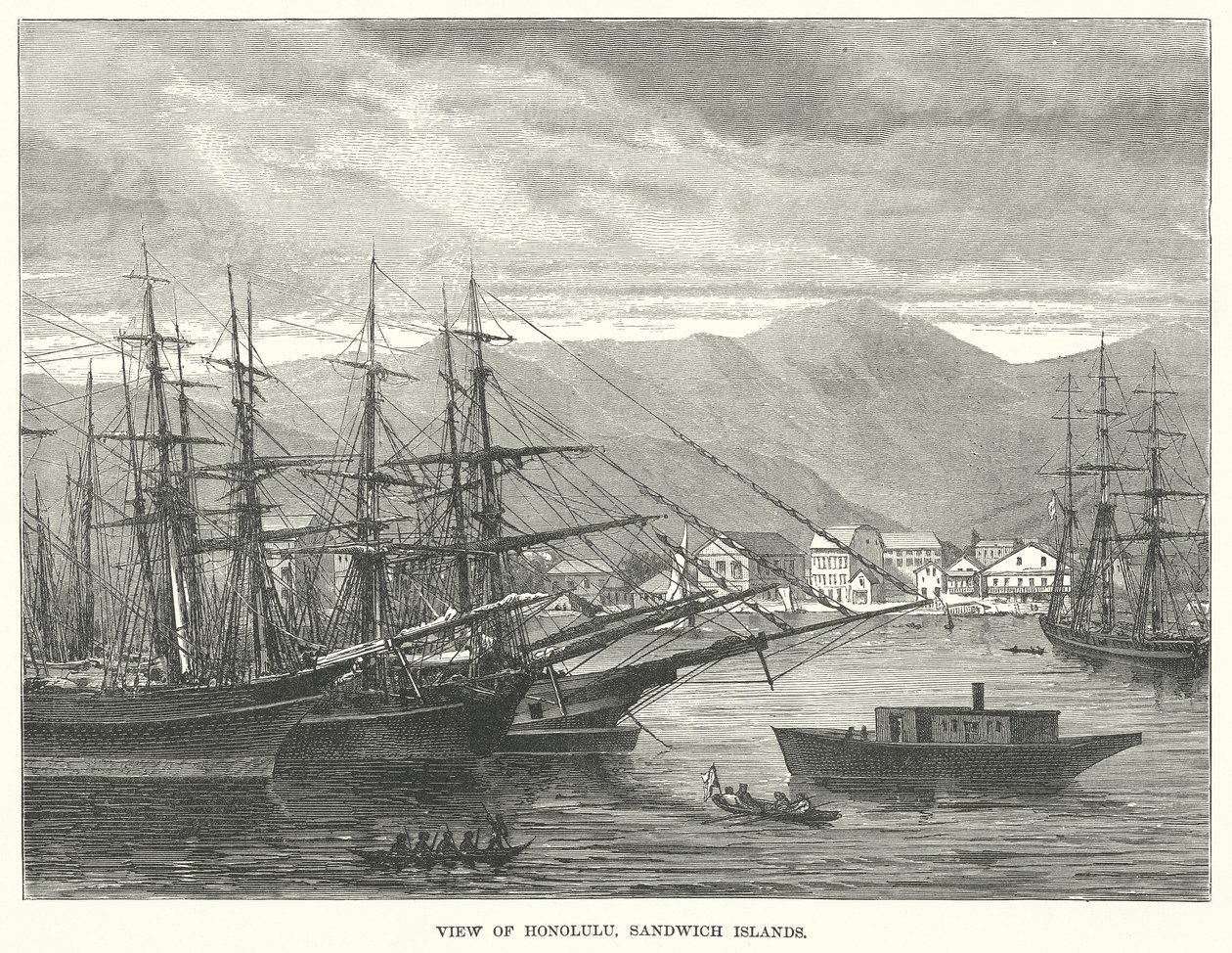 Vista de Honolulu, Islas Sandwich (grabado) de English School