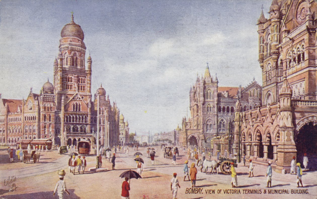 Vista de Victoria Terminus  Municipal Building, Bombay (litografía en color) de English School
