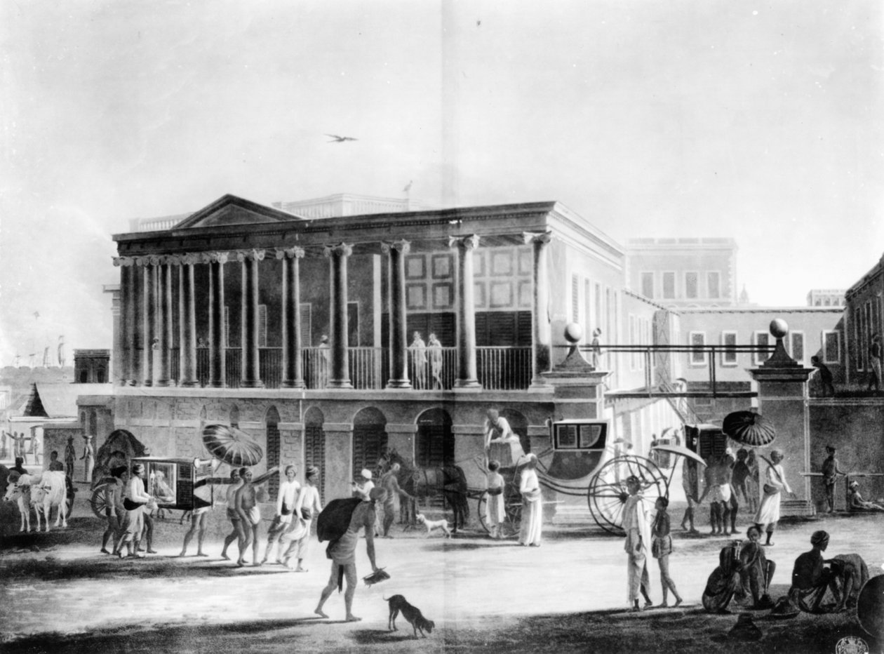 Vista de una Casa, Manufactura y Bazar, en Calcuta, grabado por Francis Jukes, 1795 (aguatinta) de English School